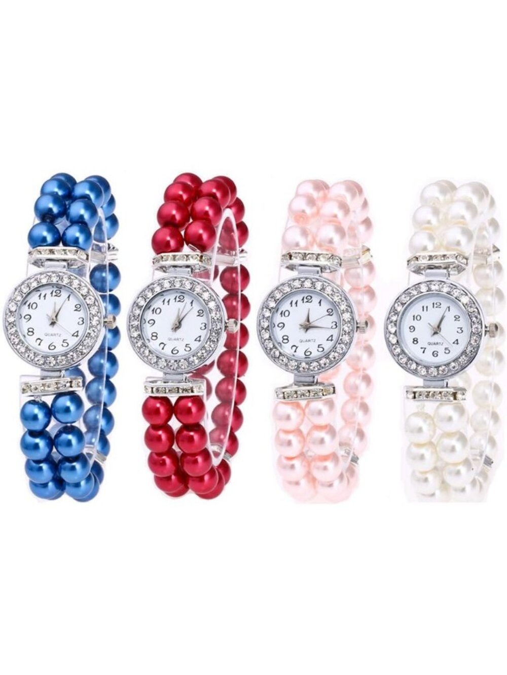 4pc Women's Blue Red White and Pink Elegant Crystal Pearl Bracelet Analog Watch